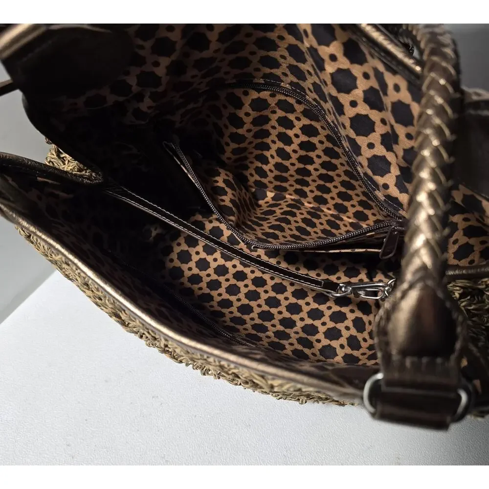 BRIGHTON VINTAGE Woven Straw Shoulder Hobo Bag Bronze Leather Trim Charm